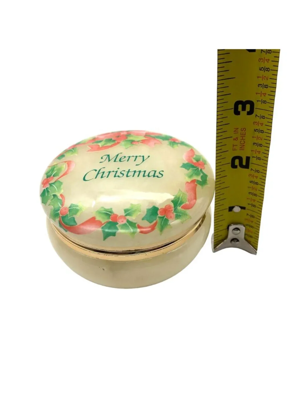 Genuine Alabaster Merry Christmas Hand Carved Trinket Jewelry Box Holly Border